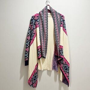 FANTASTIC FAWN Women’s Ivory Blue Pink Open Waterfall Cardigan Aztec Boho Sz M